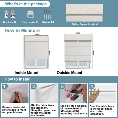 Sulugood Cordless Day and Night Elegant Light Control for Modern Homes Roman Shades installation and measurement guide