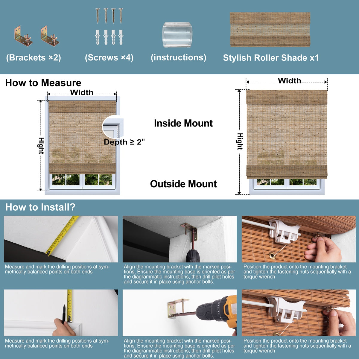 Sulugood Natural Cordless Light Filtering Bamboo Roman Shades installation guide with measurements and brackets.