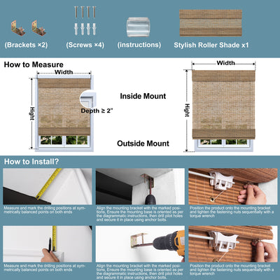 Sulugood Natural Cordless Light Filtering Bamboo Roman Shades installation guide with measurements and brackets.