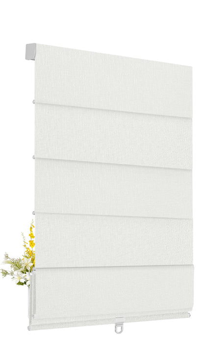 Sulugood Classic Cordless Roman Shades in white with a floral arrangement at the bottom.