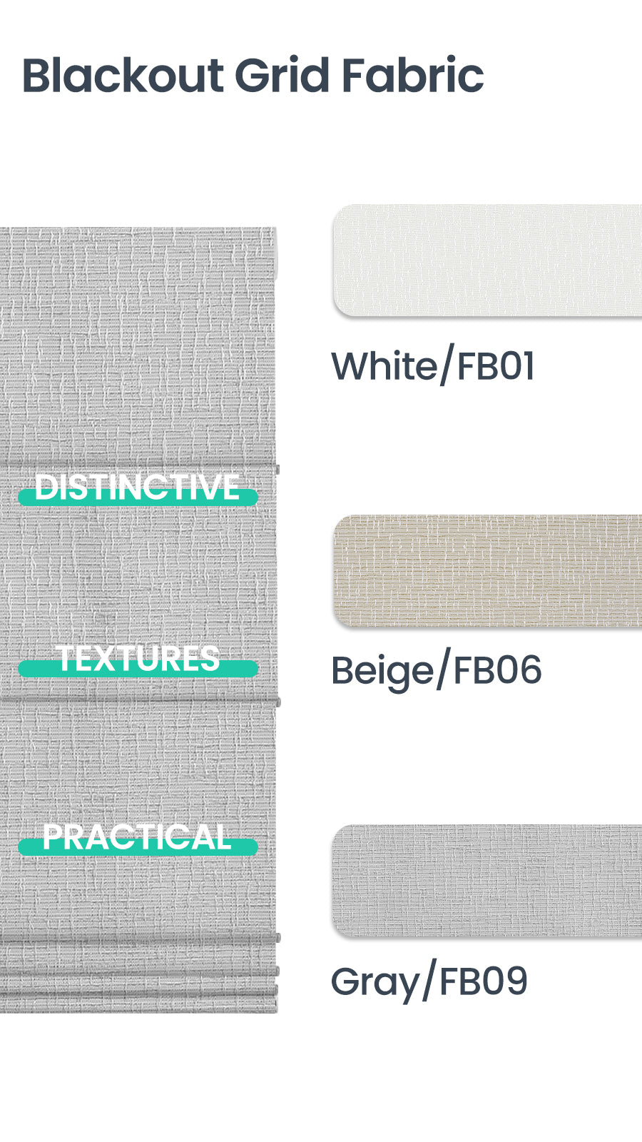 Sulugood Classic Cordless Roman Shades fabric swatches in White, Beige, and Gray showcasing distinctive blackout textures.