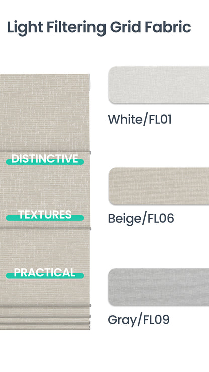 Sulugood Classic Cordless Roman Shades in light filtering grid fabric options: White, Beige, Gray.