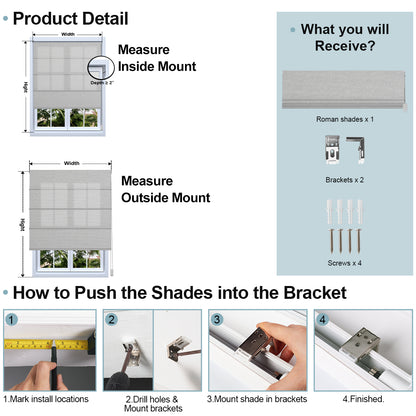 Sulugood Fabric Samples Iron Beaded Roman Shade product detail showing measurement tips and installation steps.