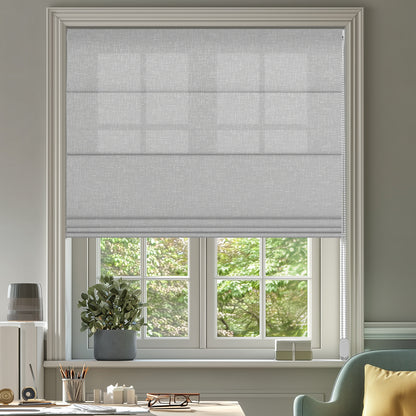 Sulugood  Fabric Samples Iron Beaded Roman Shade showcased in a modern living room setting.