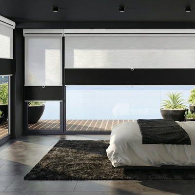 Sulugood Dual Cordless Light Filtering Jacquard and Blackout Fabric Roller Shades in a modern bedroom design