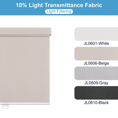 Beige roller blind fabric with 10% light transmittance, available in white, beige, gray, and black