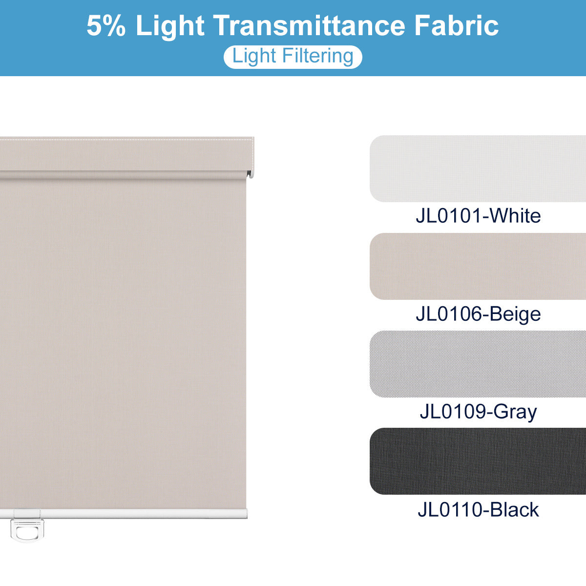 5% light transmittance fabric roller blind in beige with color options white, beige, gray, and black