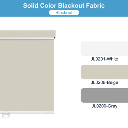 Beige solid color blackout roller shade with fabric color swatches white, beige, and gray