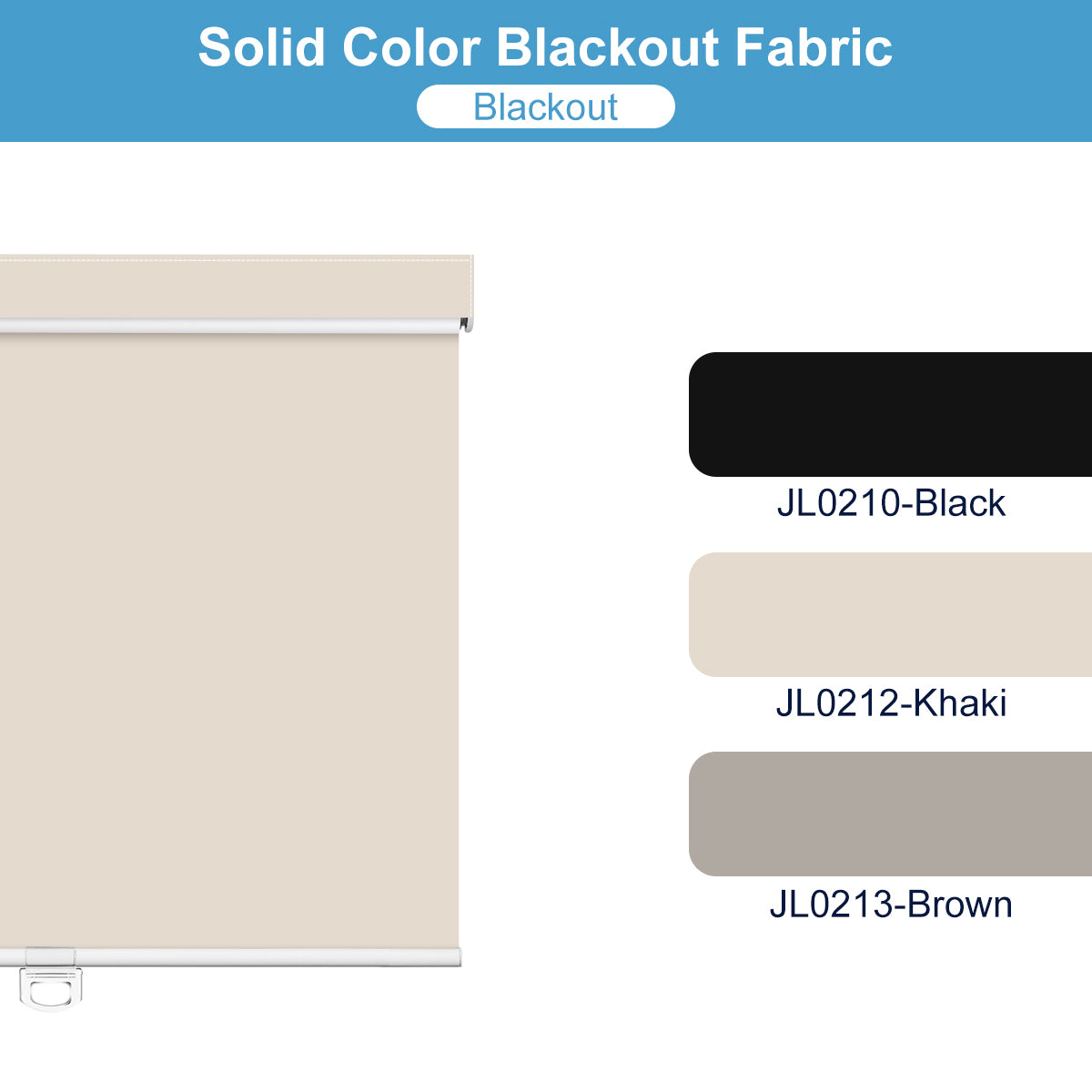 Solid color blackout roller blinds in khaki, black, and brown fabric swatches with product codes