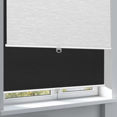 Sulugood Dual Cordless Light Filtering Jacquard and Blackout Fabric Roller Shades in a window setting.