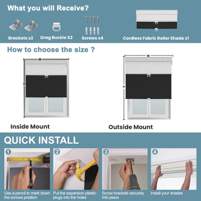 Image showcasing installation guide for Sulugood Dual Cordless Light Filtering Jacquard and Blackout Fabric Roller Shades.