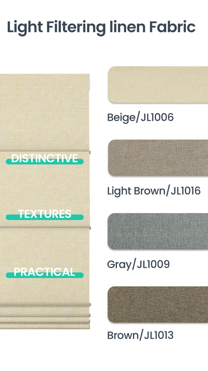 Light Filtering linen Fabric swatches including beige, light brown, gray, and brown for Sulugood Classic Cordless Roman Shades.
