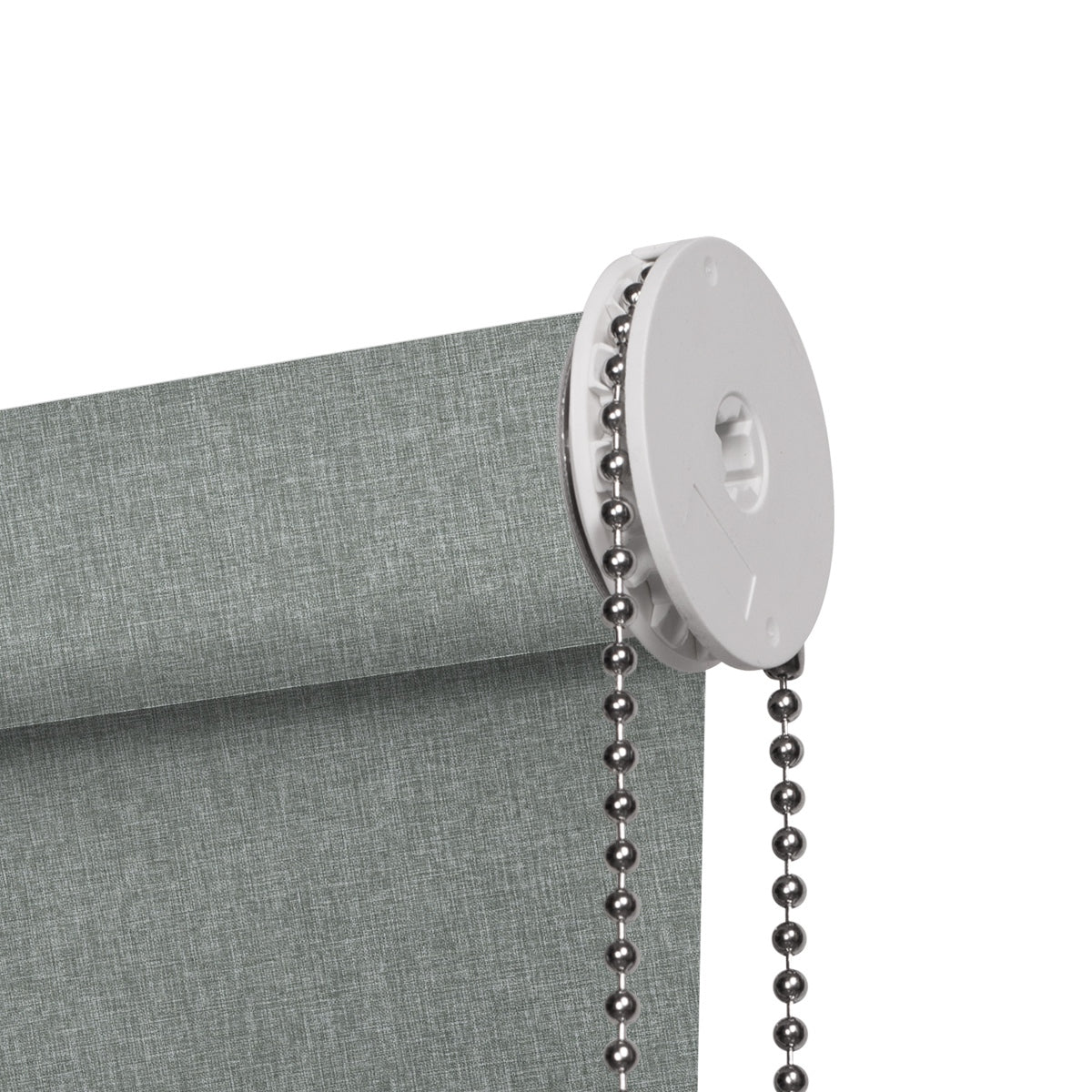 Close-up of grey textured fabric roller blind with metal bead chain and white plastic mechanism