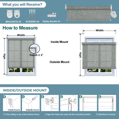Gray roller blinds with mounting brackets, screws, and safety buckle, installation and measuring guide for inside and outside mount