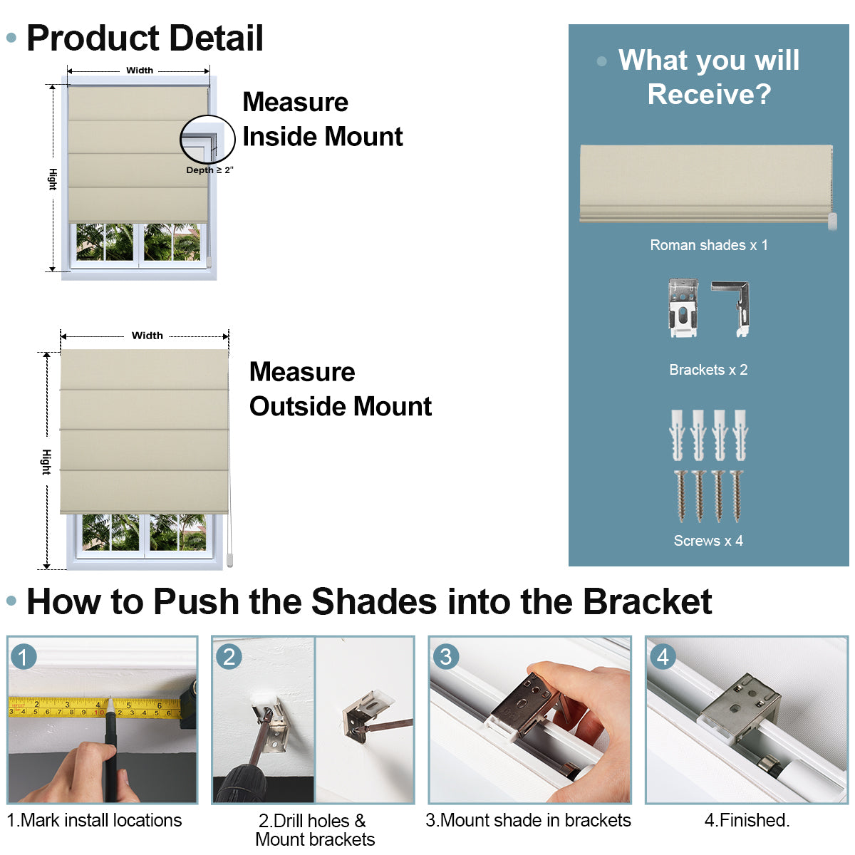 Instructions for Sulugood Fabric Samples Iron Beaded Roman Shade installation and measuring guide.