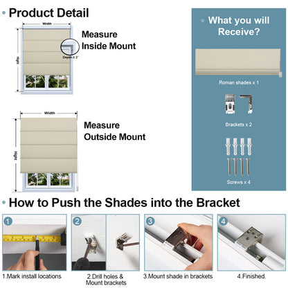 Instructions for Sulugood Fabric Samples Iron Beaded Roman Shade installation and measuring guide.
