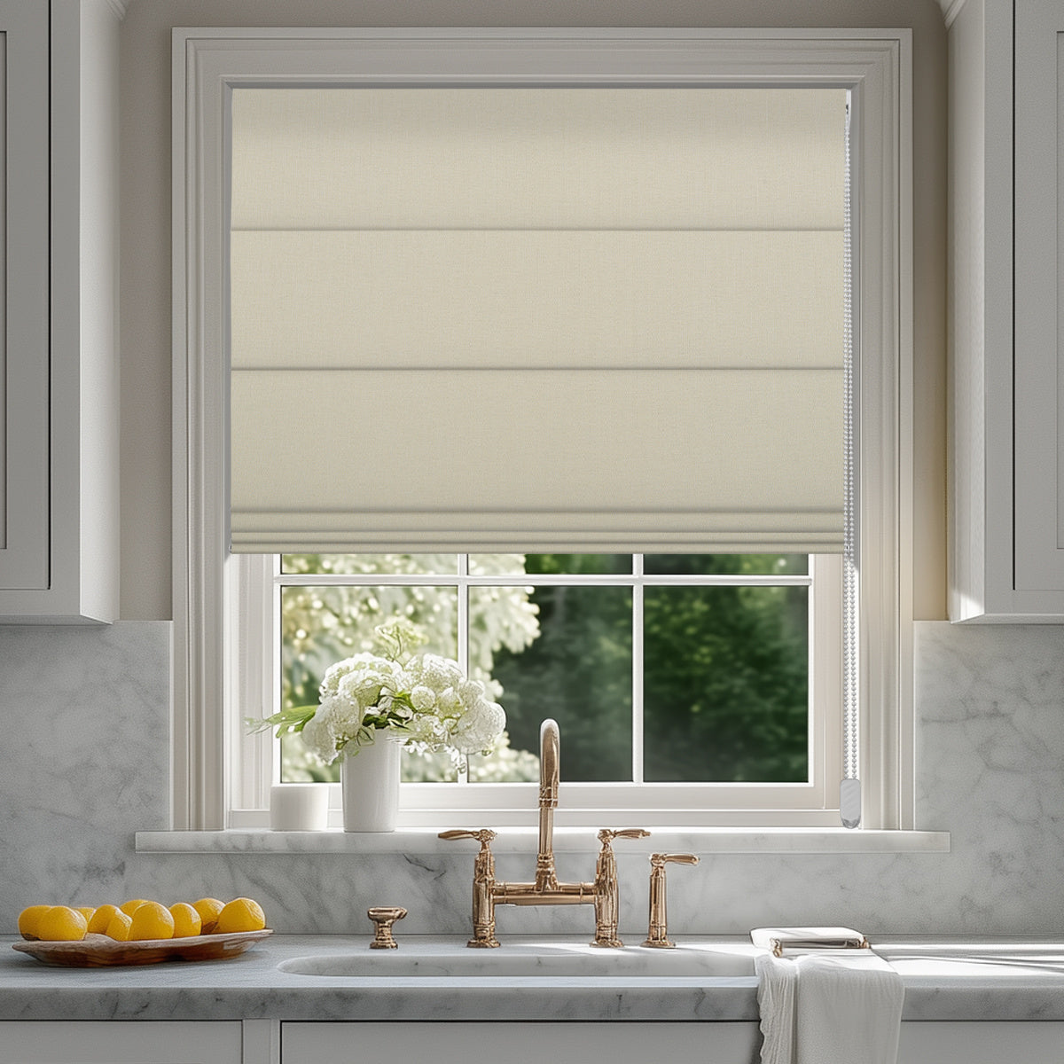 Sulugood  Fabric Samples Iron Beaded Roman Shade in a kitchen window with natural light.