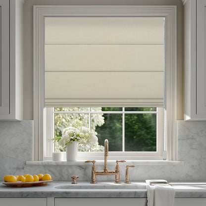 Sulugood  Fabric Samples Iron Beaded Roman Shade in a kitchen window with natural light.