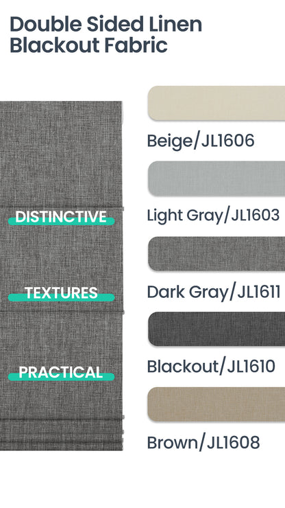 Double Sided Linen Blackout Fabric showcasing Distinctive Textures in Beige, Light Gray, Dark Gray, Blackout, and Brown.