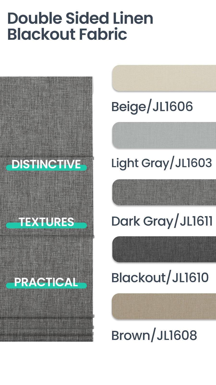 Double Sided Linen Blackout Fabric showcasing Distinctive Textures in Beige, Light Gray, Dark Gray, Blackout, and Brown.