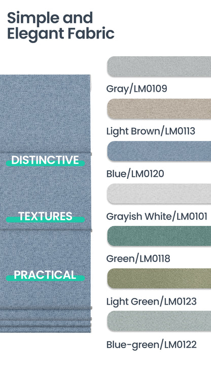 Sulugood Classic Cordless Roman Shades fabric swatches showcasing colors and textures