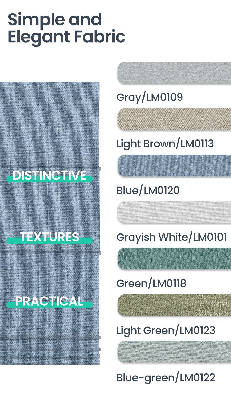 Sulugood Classic Cordless Roman Shades fabric swatches showcasing colors and textures