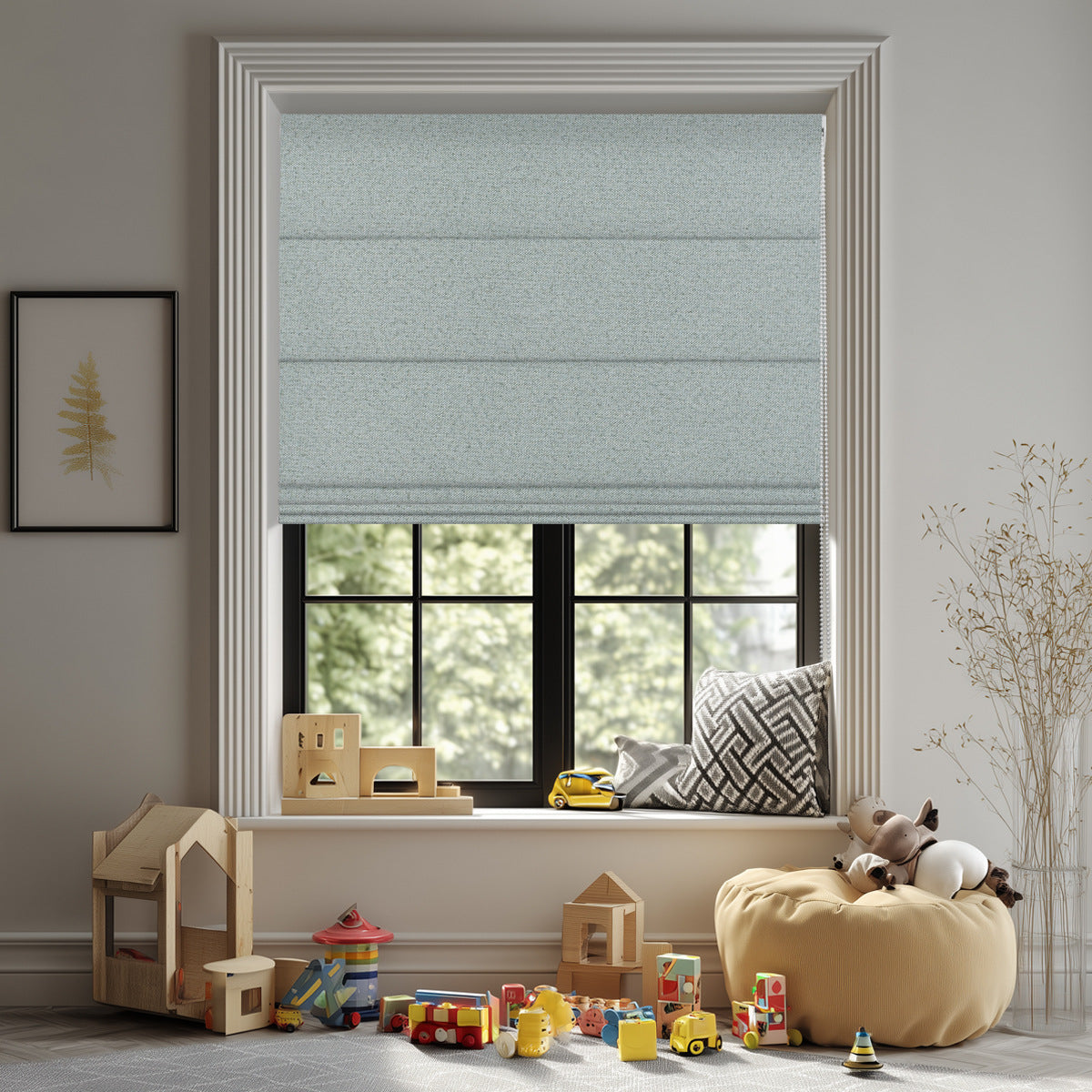 Sulugood Fabric Samples Iron Beaded Roman Shade with light blue fabric in a cozy playroom setting.