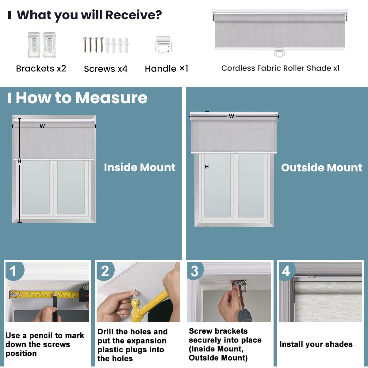Sulugood Spring Cordless Different Light Transmittance Sunweave Fabric Roller Shades installation guide and measuring instructions