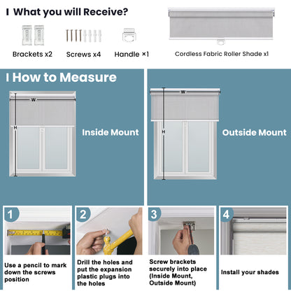 Sulugood Spring Cordless Different Light Transmittance Sunweave Fabric Roller Shades installation guide and measuring instructions