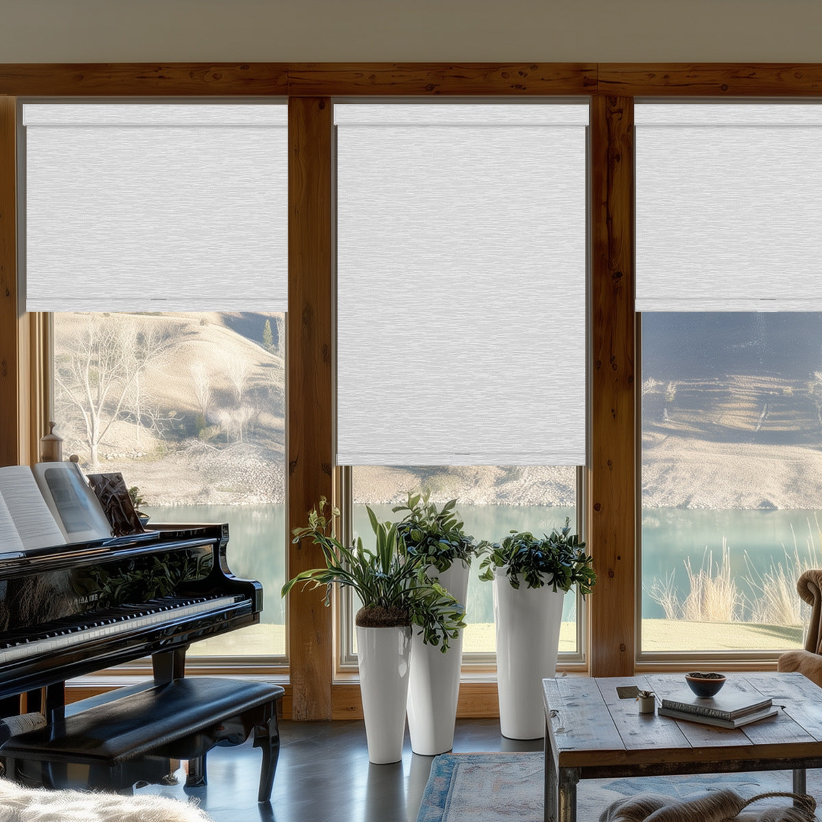 Living room with white roller blinds on large windows, black grand piano, green plants in tall white pots, wooden coffee table