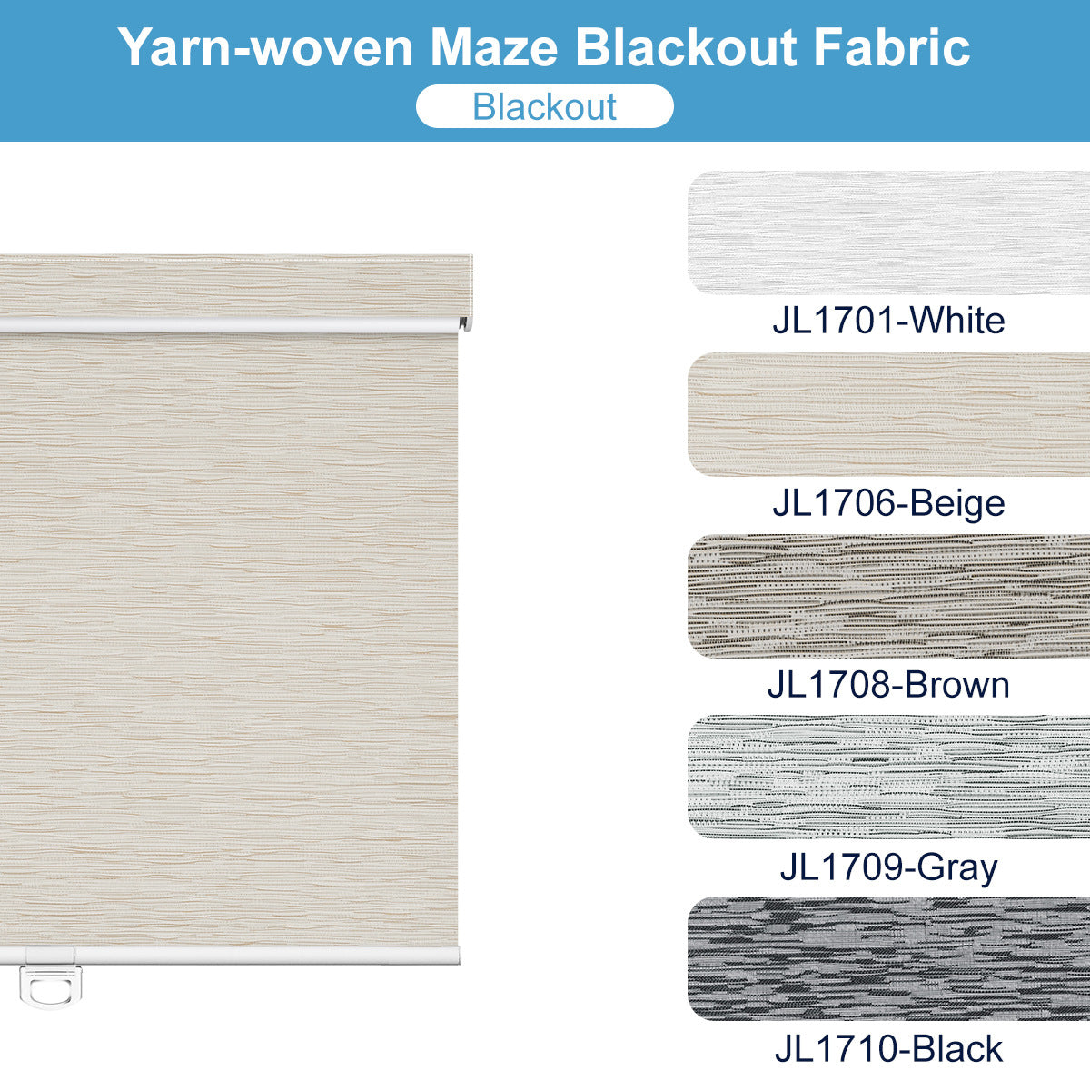 Yarn-woven maze blackout fabric roller blind in beige with color swatches white, beige, brown, gray, and black