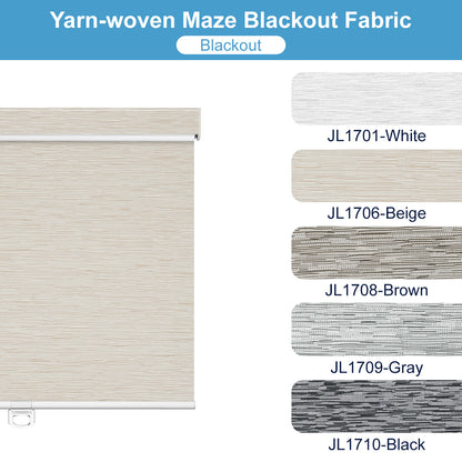 Yarn-woven maze blackout fabric roller blind in beige with color swatches white, beige, brown, gray, and black