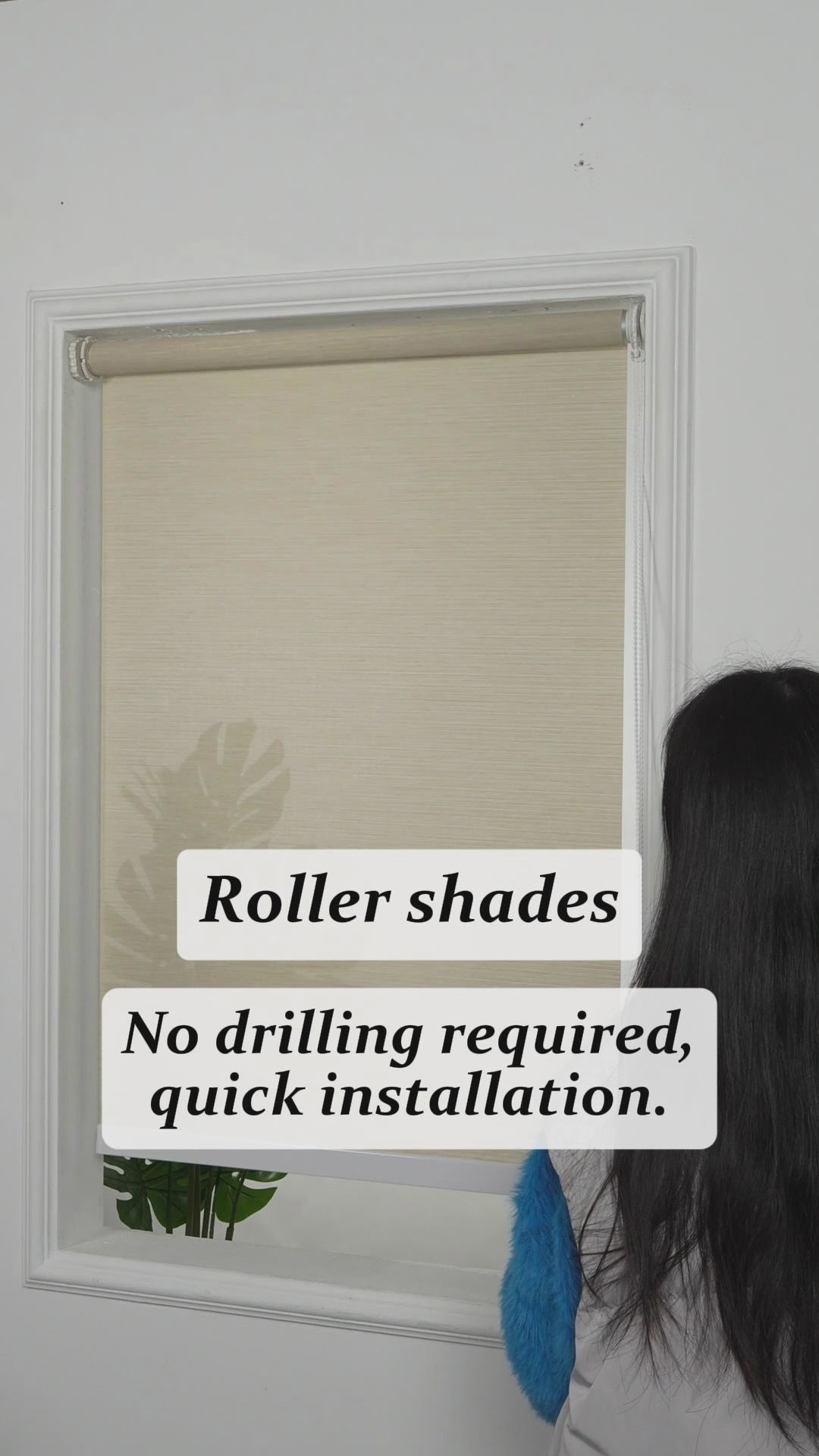 Load video: Sulugood Wood-grain Imitation Fabric Easy to Install Light Filtering Roller Blinds